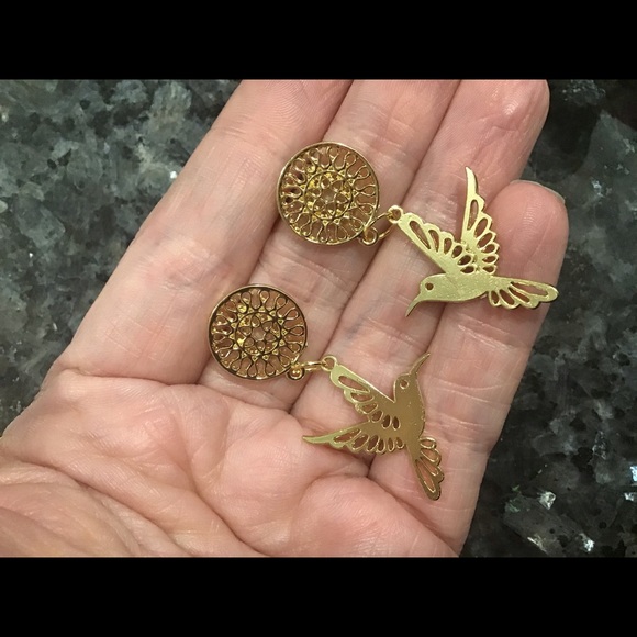 Hummingbird gold earrings handmade BEAUTIFUL new - Picture 6 of 12